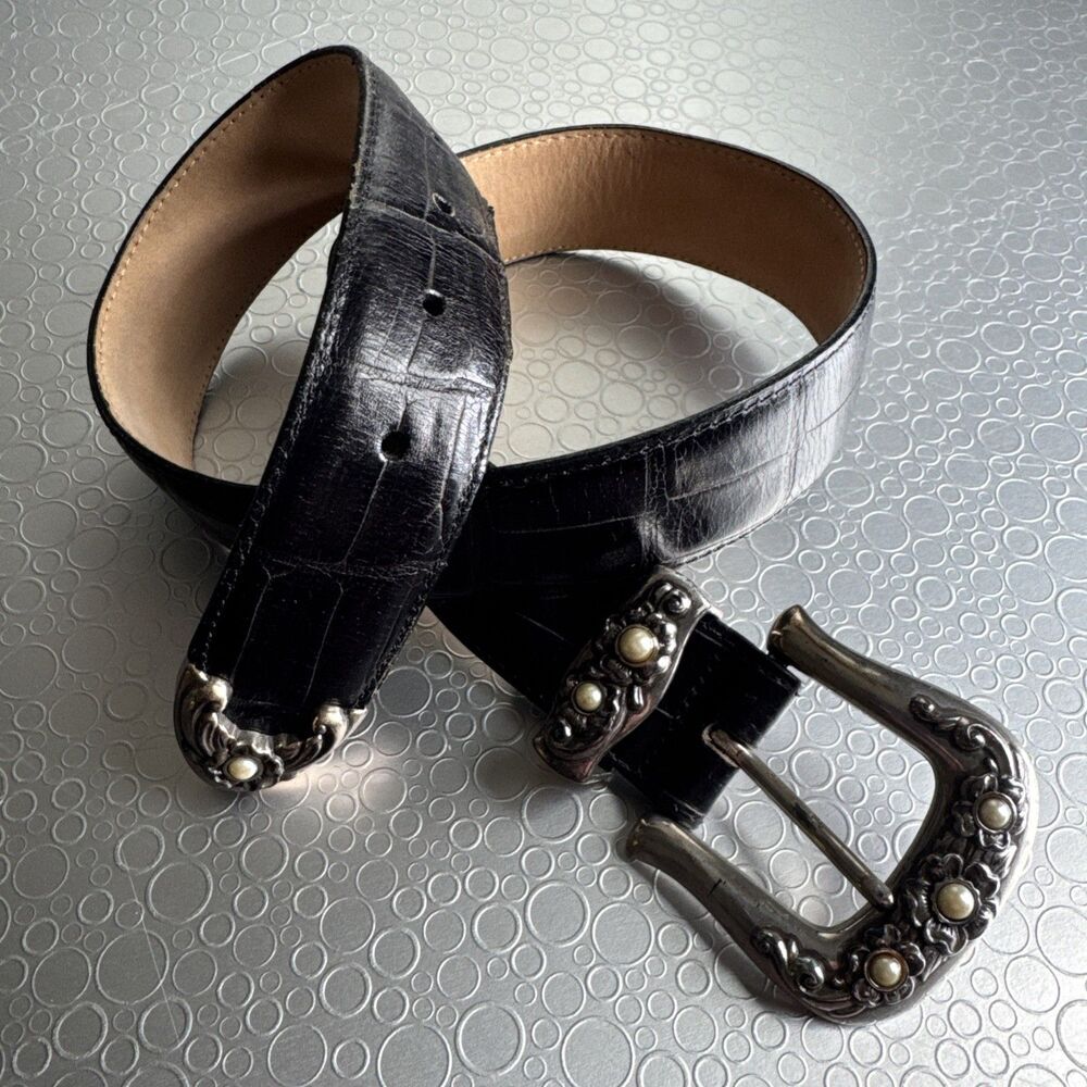 Vintage Brighton Black Croc Embossed Leather Belt S Faux Pearl Buckle 23503